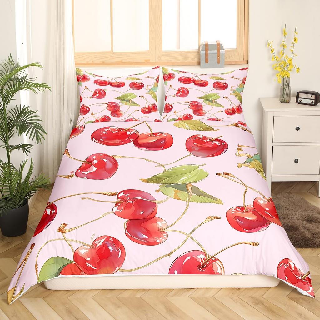 Kids Cherry Duvet Cover Sets Queen King Size Cherry Pattern Bedding Set Cute Fruit Comforter Cover No Comforter Lightweight Down