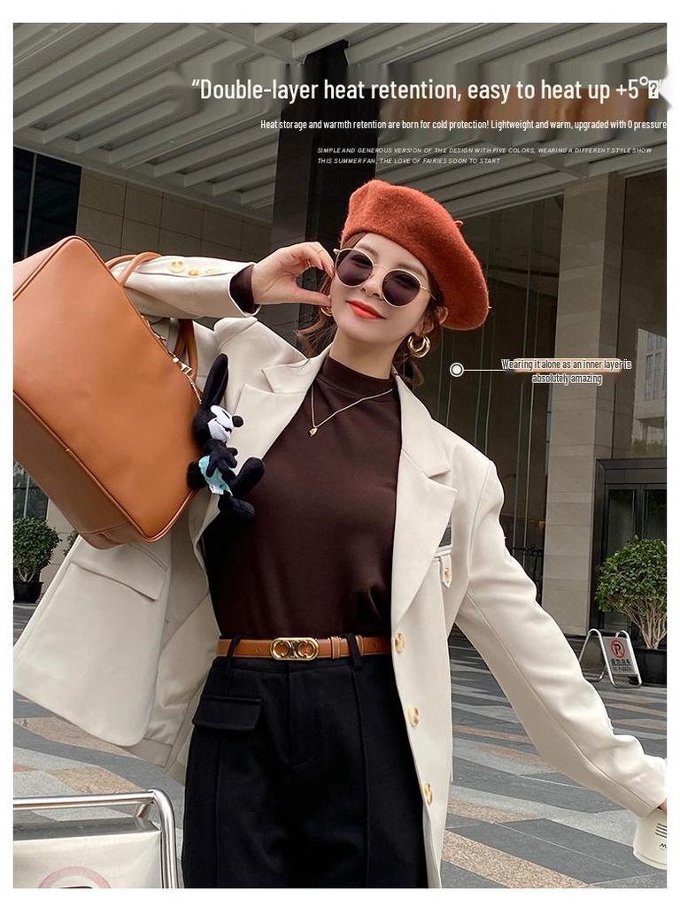 Velvet Semi-High Neck Long Sleeve Women's Modal Base Layer T-Shirt - Slimming White Autumn/Winter Fashion Top