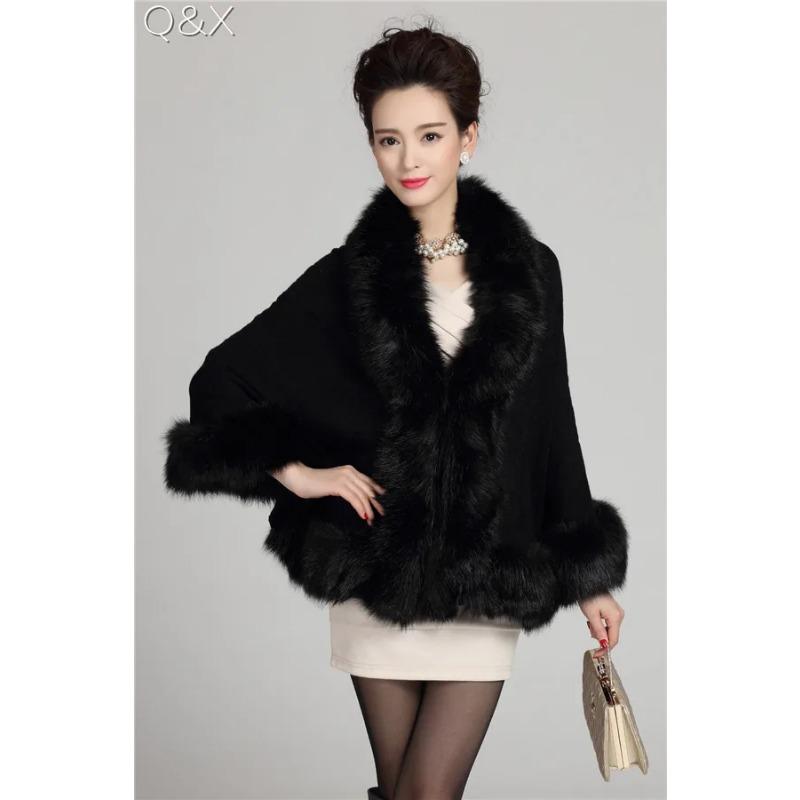 

Платье для свадебной вечеринки, накидка-пончо с шалью, большой воротник из искусственного лисьего меха, тисненый плащ с открытой строчкой, свободный трикотаж, верхнее уличное пальто One Size чёрный