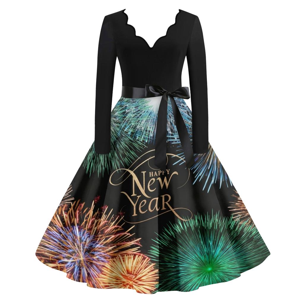 Dámské ležérní módní novoroční potištěné šaty s výstřihem do V ve vintage stylu