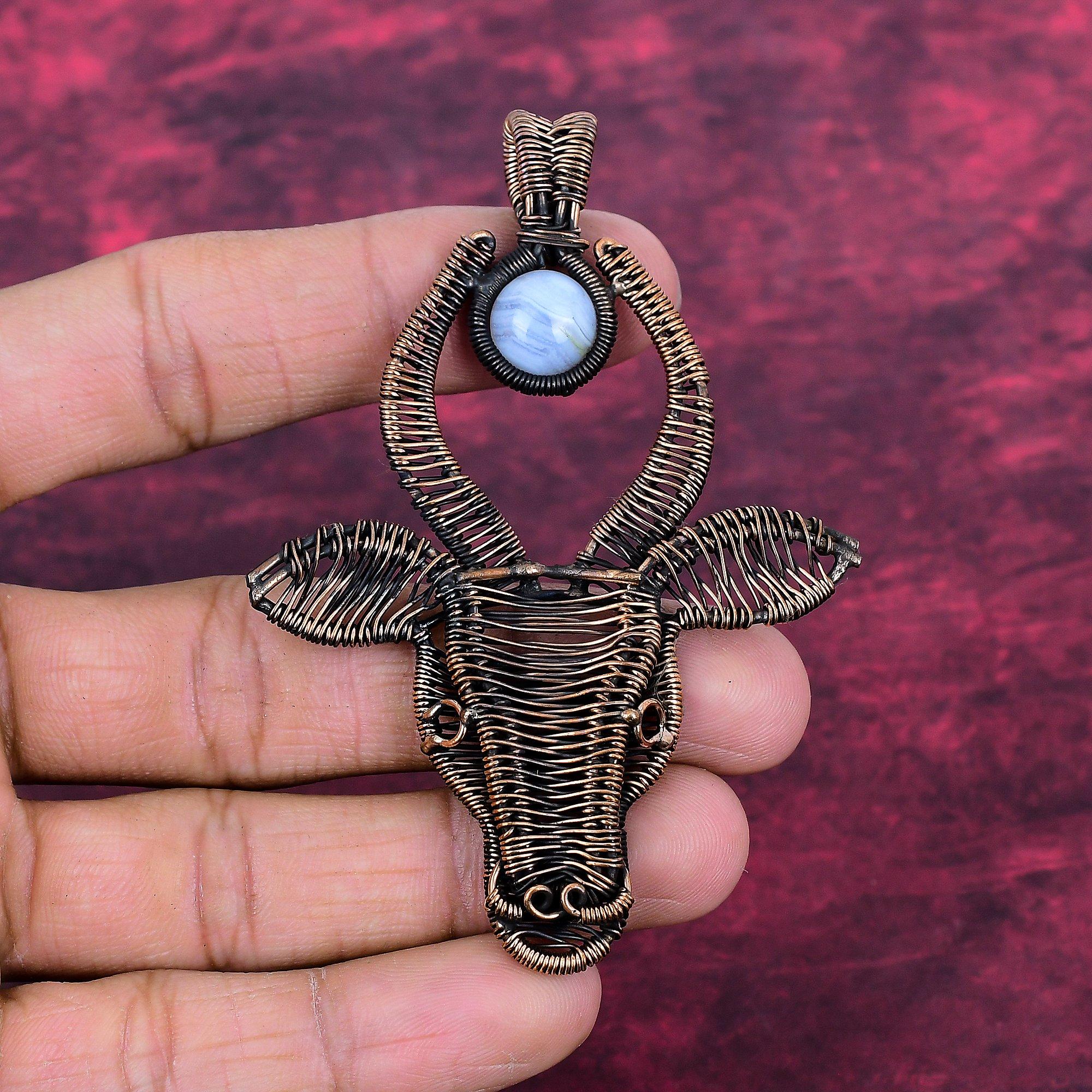 Blue Lace Agate Gemstone Pendant Copper Wire Wrapped Pendant Cow Face Jewelry