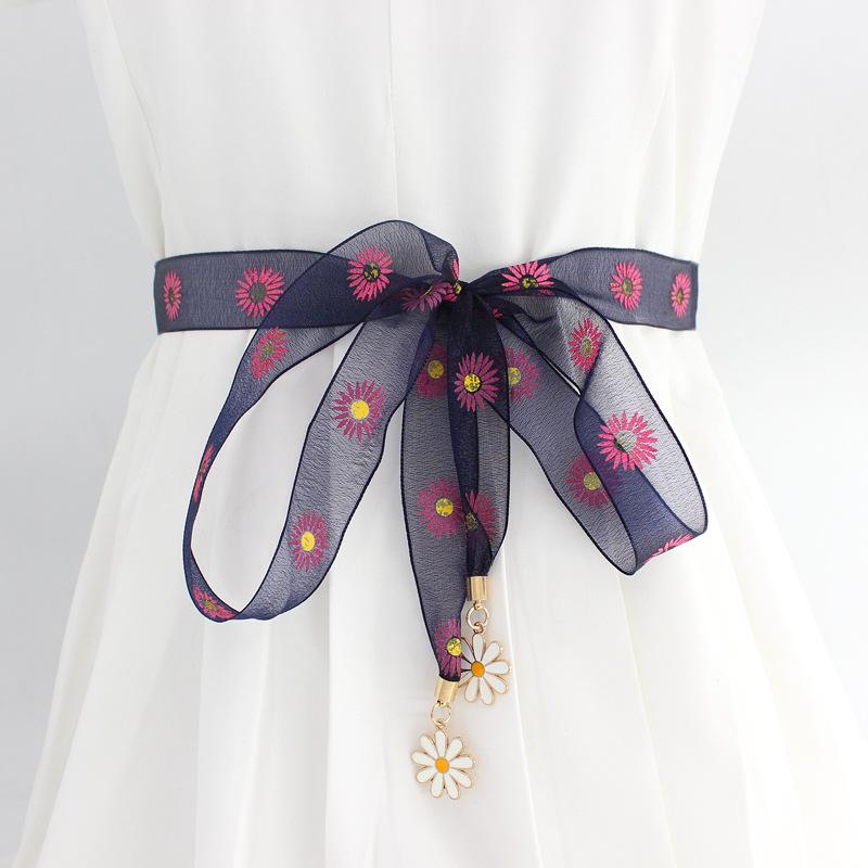 

Тонкий пояс-веревка с маленьким принтом ромашек и узлом на талии, женская цепочка на талию, декоративный бант для платья, сетчатый пояс чёрный