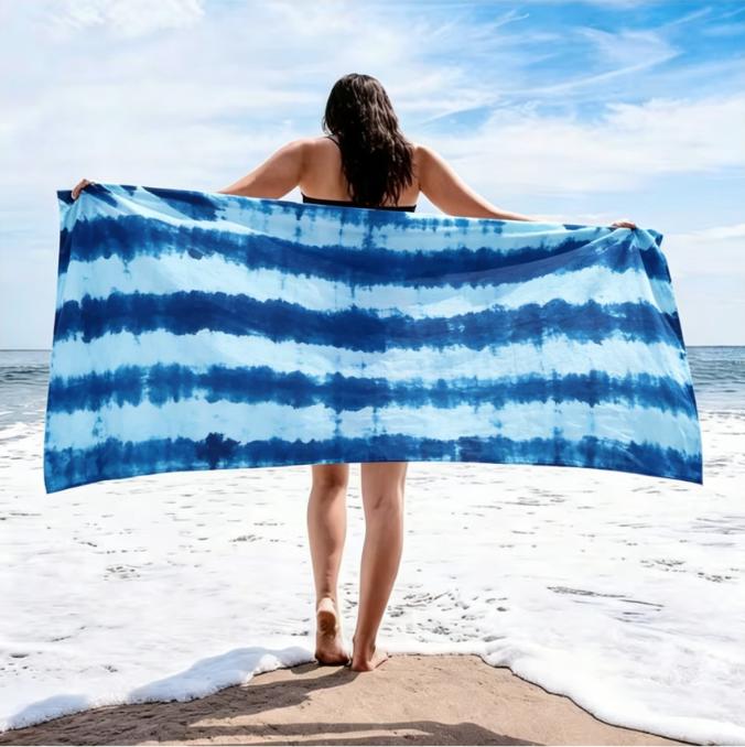 Large Microfiber Beach Towel, Blue Tie-Dye Swirl Print, Sand Free & Quick Dry, for Bohemian Summer Beach & Pool Use
