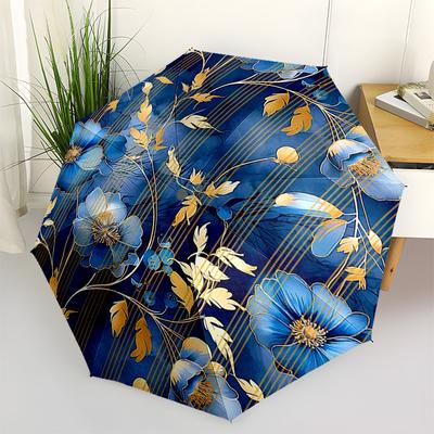 1pc Blue Floral Pattern with Gold Accents Umbrella with Plastic Handle,Suitable for All Seasons Umbrellaptys26091