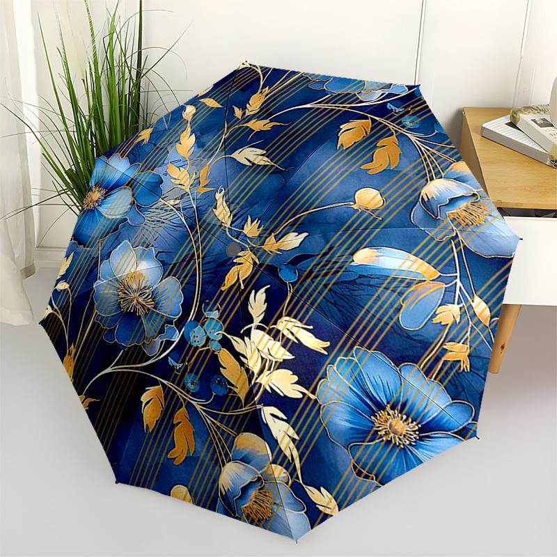 1pc Blue Floral Pattern with Gold Accents Umbrella with Plastic Handle,Suitable for All Seasons Umbrellaptys26091