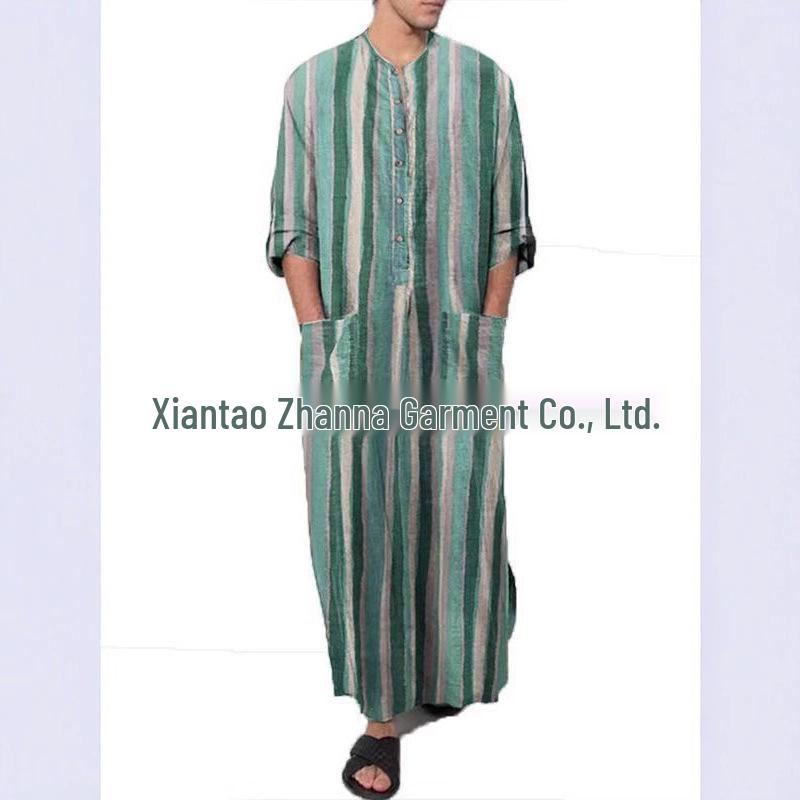 Men's Striped Muslim Long Robe Jumpsuit Tang Suit with Stand-up Collar