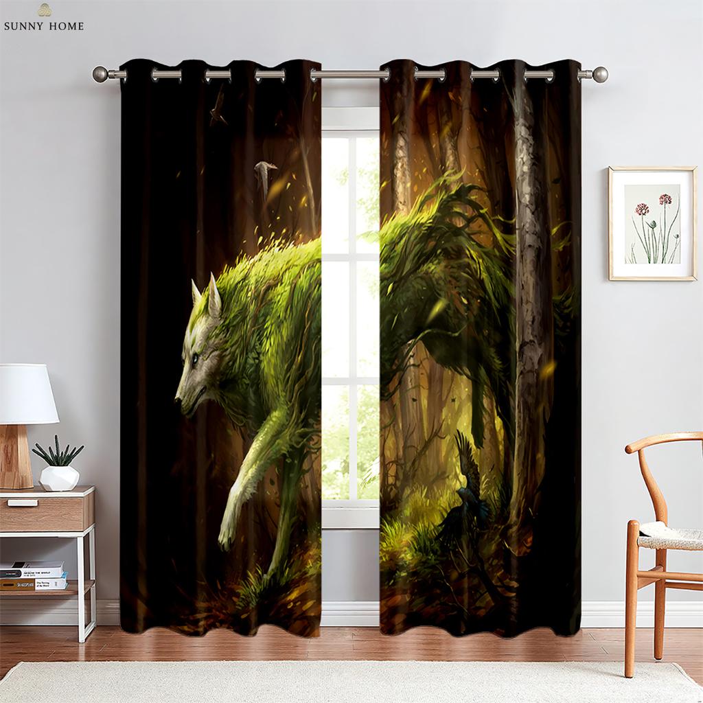Tier Stern Wolf 3D Gedruckter Vorhang Fensterstangentasche Dekorativer Vorhang Küche Wohnzimmer Schlafzimmer Vorhang 2 Stück