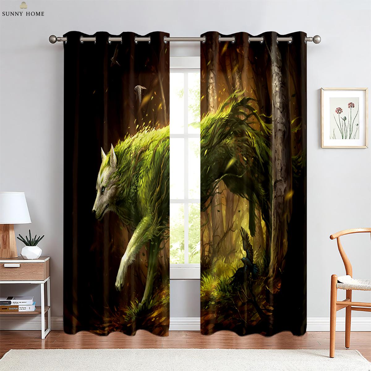 Dier Ster Wolf 3D Patroon Print Gordijn Raamgordijnstangzak Decoratief Gordijn Keukenruimte Woonruimte Slaapkamerruimte Gordijn W50xH140(CM)x2PCS&Rod pocket