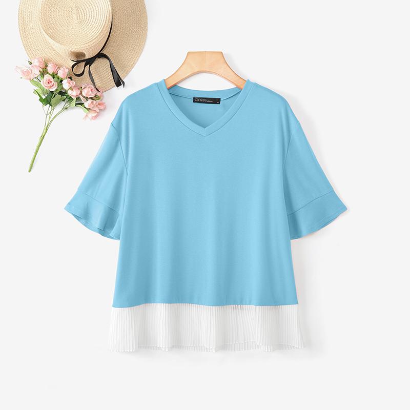 

ZANZEA Женские летние повседневные футболки с круглым вырезом и короткими рукавами в стиле пэчворк 5XL синий