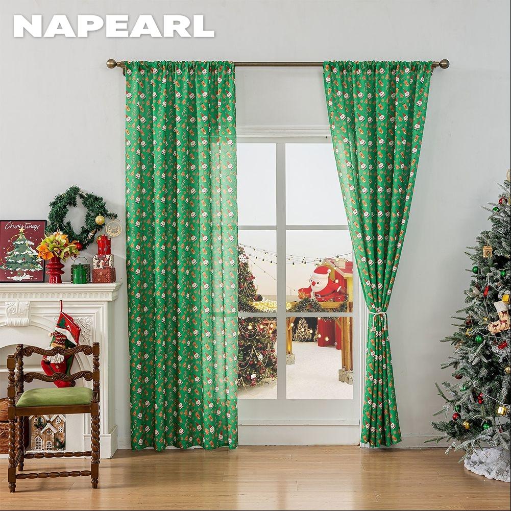 1PC NAPEARL Christmas Style Semi Blackout Curtains Santa Claus and Elk Pattern Green Curtains for Living Room Bedroom Balcony Window Home Decor