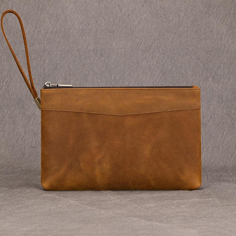 Men's Crazy Horse Leather Handbag, Genuine Leather Large Capacity Long Wallet, Retro Business Leather Handbag with Wrist Strap