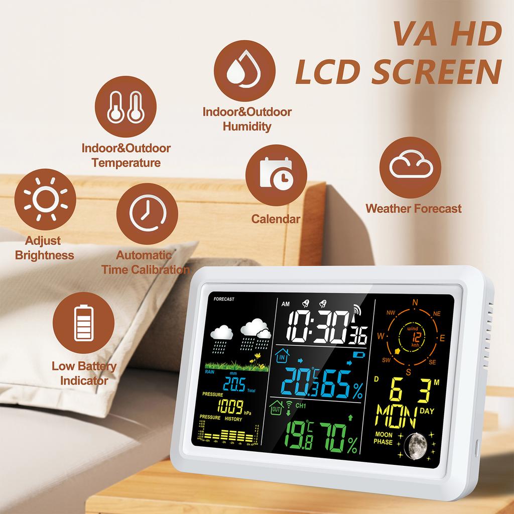 Weather Station with Outdoor Sensor Indoor Outdoor Thermometer with 7.5-inch VA LCD Screen Weather
