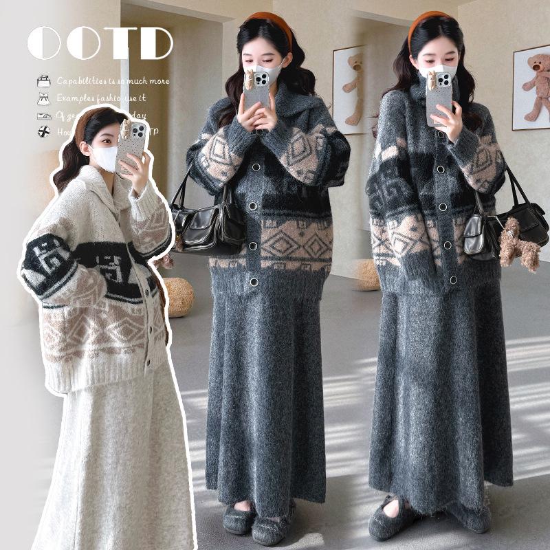 2025 Autumn/Winter Korean Style Maternity Knit Cardigan + Skirt Set L