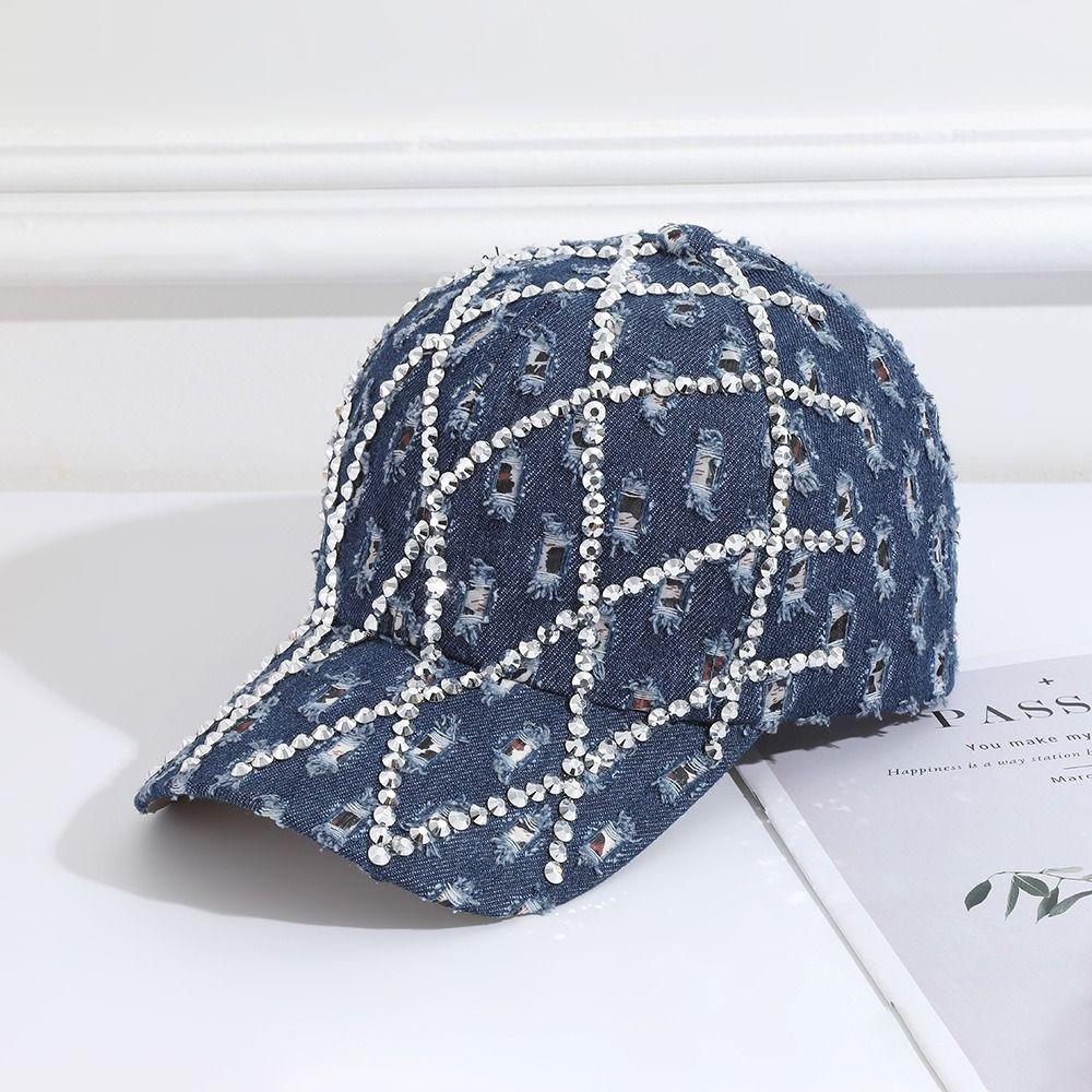 Sparkling Distressed Denim Baseball Caps Grid Sun Hats Fashion Rhinestone Baseball Cap for Women