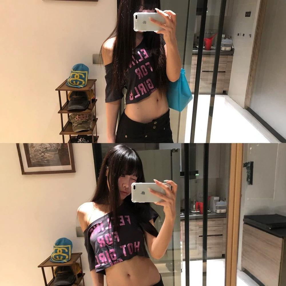 American retro YK millennial letter print diagonal neck short-sleeved t-shirt women's summer design feeling Spice girl navel top