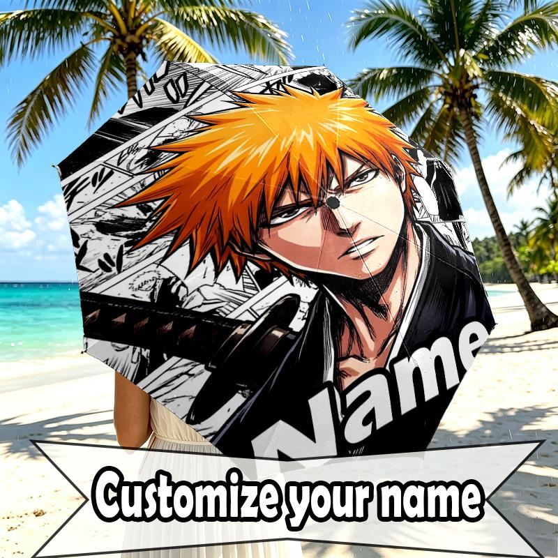 Custom Name Personalized BLEACH Print Umbrella, Auto Open Close, 8‑Rib Sturdy Frame, Commute Camping Hiking Use, Birthday Gift