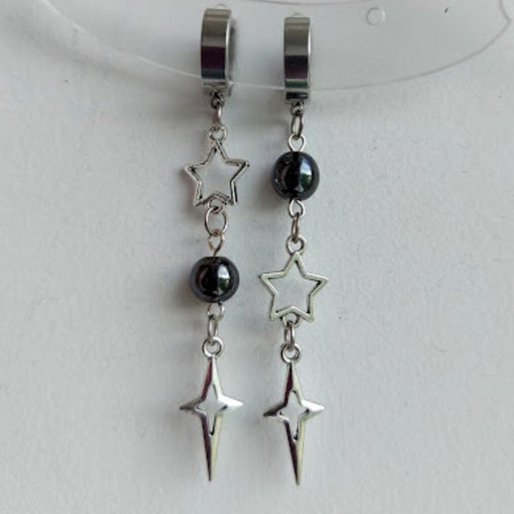Gothic Punk Silver Color Asymmetrical Black Round Bead Hollowed-out Star Dangle Earrings for Girl Halloween Hip-hop Rock Jewelry