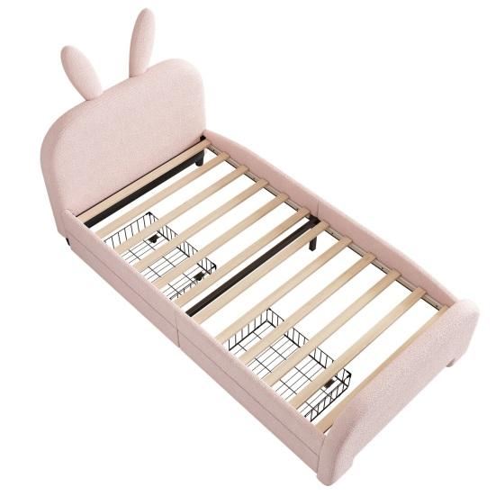 90x200cm Rabbit Shape Velvet Fabric Children Bed with Headboard 2 Drawers Ergonomic Design Strong Wood Slat Support Bed Home Furniture