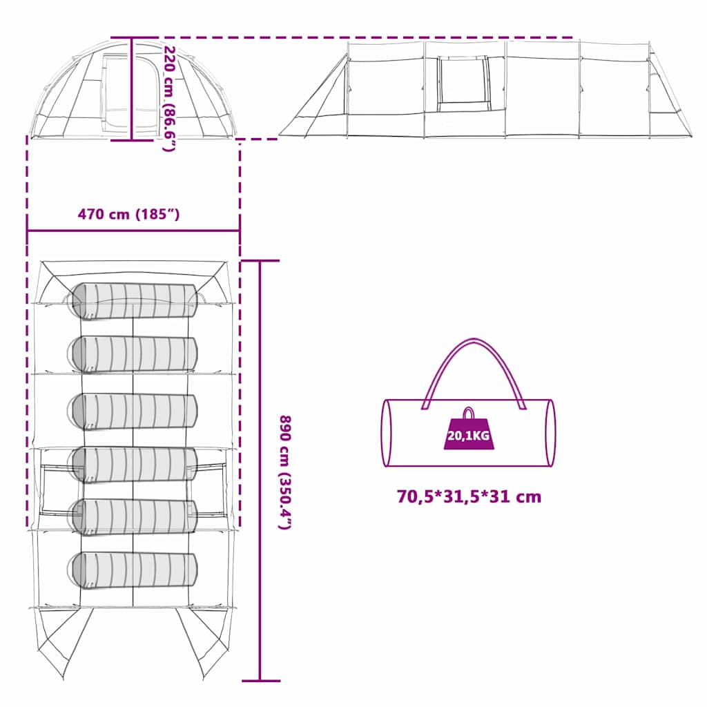 6 Person Tunnel Tent in Green and White 890 x 470 x 220 cm