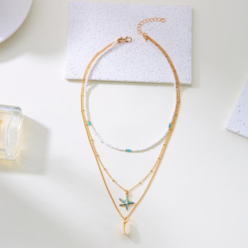 Multilayer Starfish Sea Shell Beads Necklaces for Women Bohemian Starfish Conch Shell Choker Chain Summer Jewelry Gift