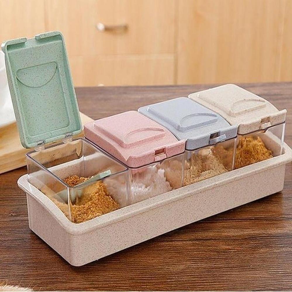 4 Grid Wheat Straw Seasoning Box With Spoon Detachable Seasoning Jar Kitchen Seasoning Box Plastic Seasoning Box Bottle Can Set