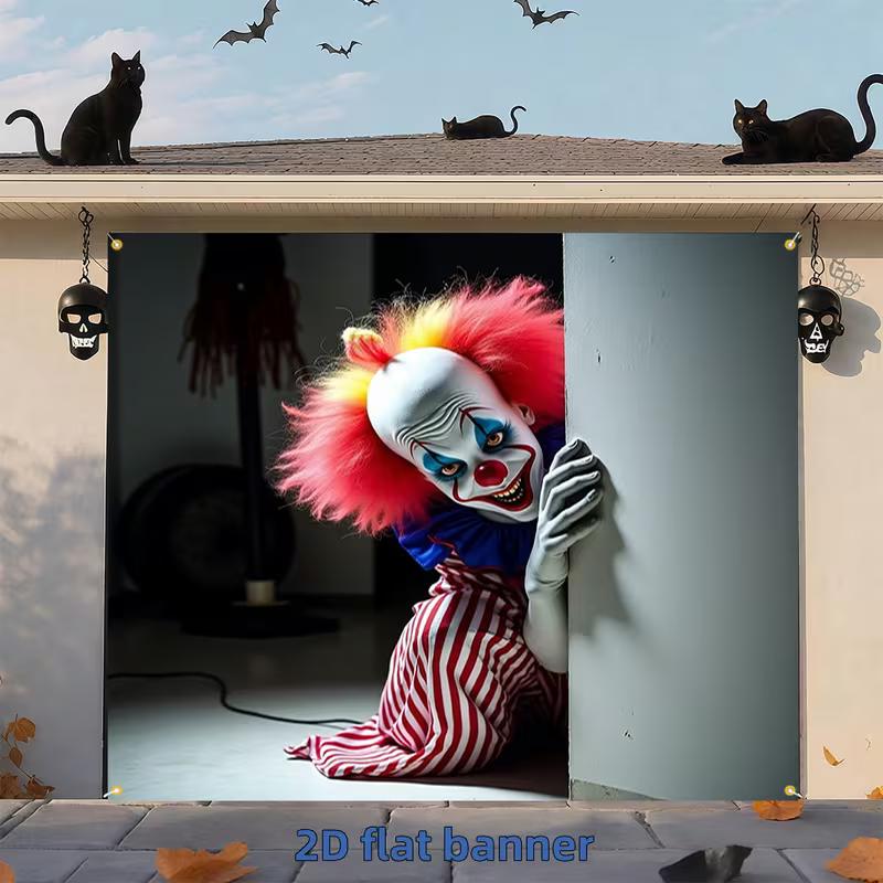 2D Creepy Killer Clown Banner, Spooky Halloween Garage Door Background