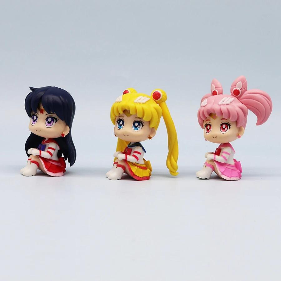 Sailor Moon Anime Model Q Version Kawaii Sailor Mars Jupiter Mercury Venus Action Figure PVC Set Model Doll Toy for Kids