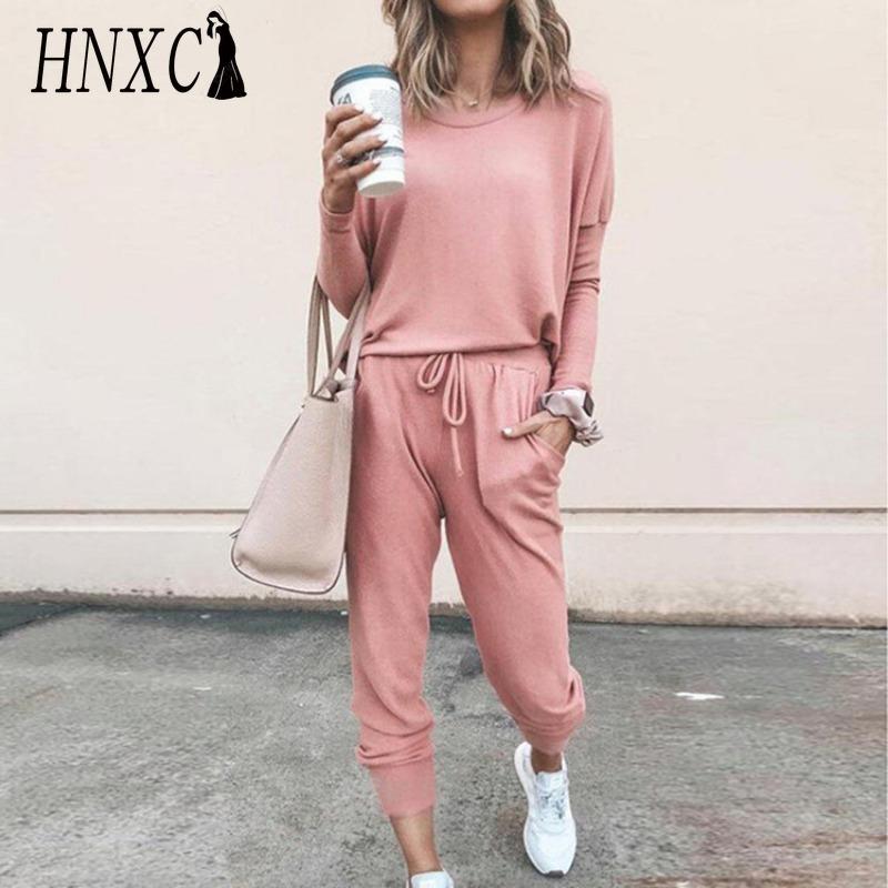 

HNXC Весенне-осенний женский свободный однотонный костюм с длинными рукавами и длинными брюками в стиле кэжуал S розовый