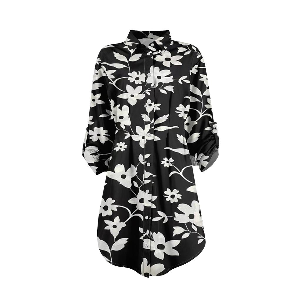 Damen Locker sitzendes V-Ausschnitt Langarmkleid Druck Arbeitshemdkleid