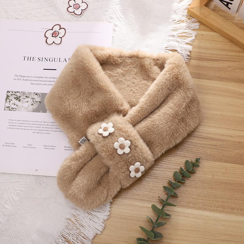 Stylish and simple plush warm scarf Jishu niche flower print cold-proof cross neck protection scarf