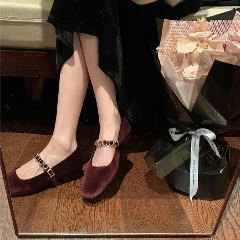 Fashion Flat Shoes for Women 2025 Spring and Autumn French Square Toe Shallow Mouth Diamond Low Heel Suede Mary Jane Shoe