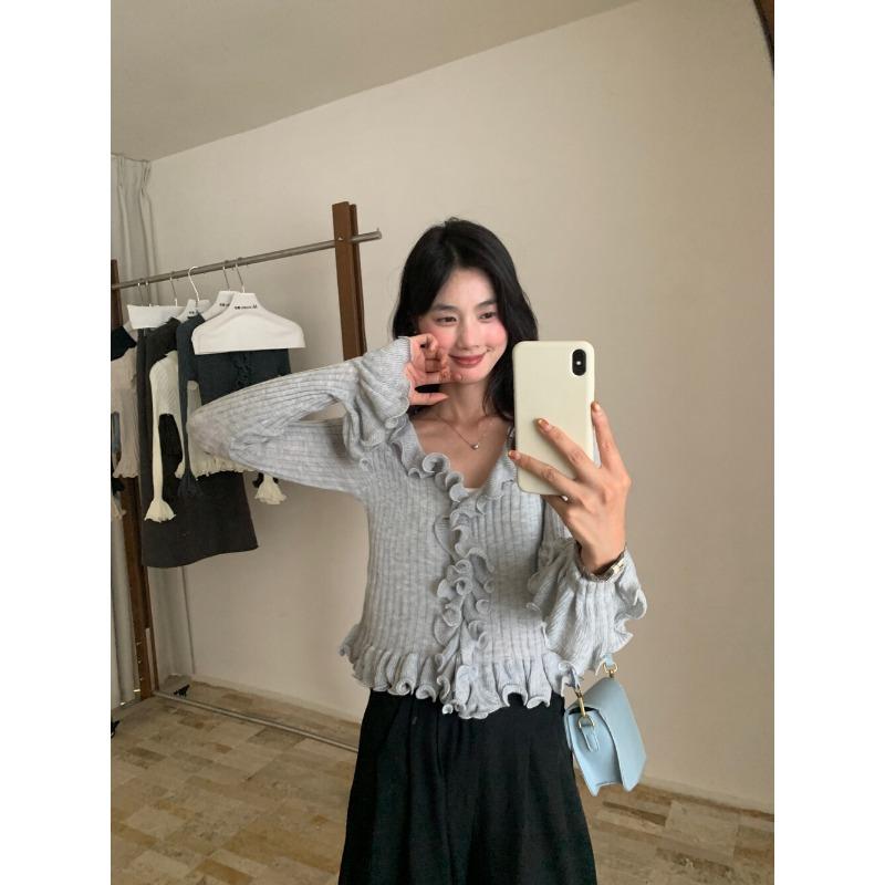 Pulover tricotat subțire cu dantelă ciupercă la modă, toamnă 2025 nou pulover de damă cu talie și decolteu în V 11950