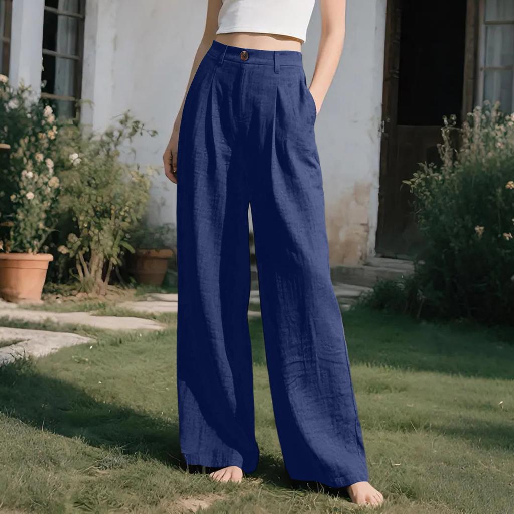 Women’s Beach-Style Cotton-Linen Casual Trousers: Wide-Leg, Loose-Fit Long Trousers