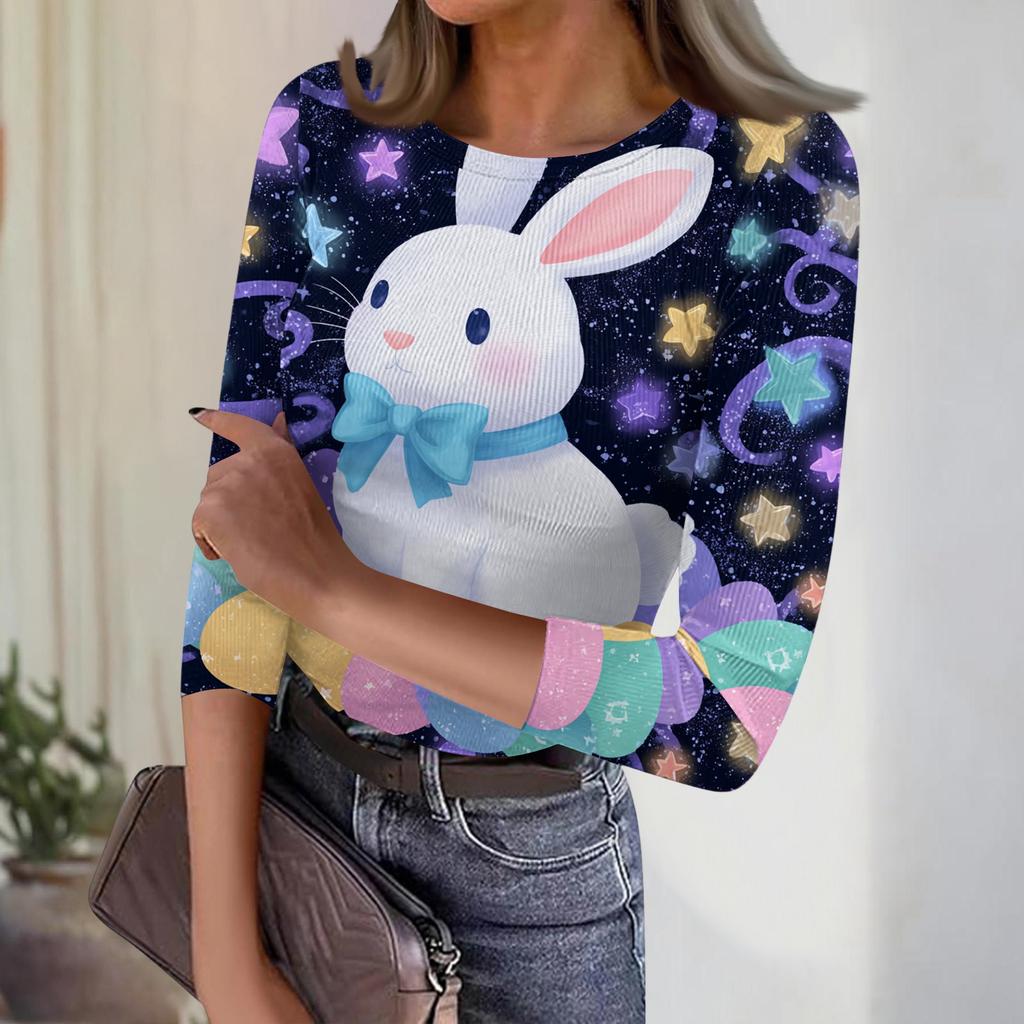Women's Casual Fashion Round Neck Easter Print Three-Quarter Sleeve Ribbed Top