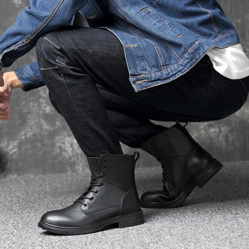 Fashion Genuine Leather Boots Mens High Quality Non-Slip Hiking Boot For Men Black Sewing Boots Men Shoes Plus Size 36-50