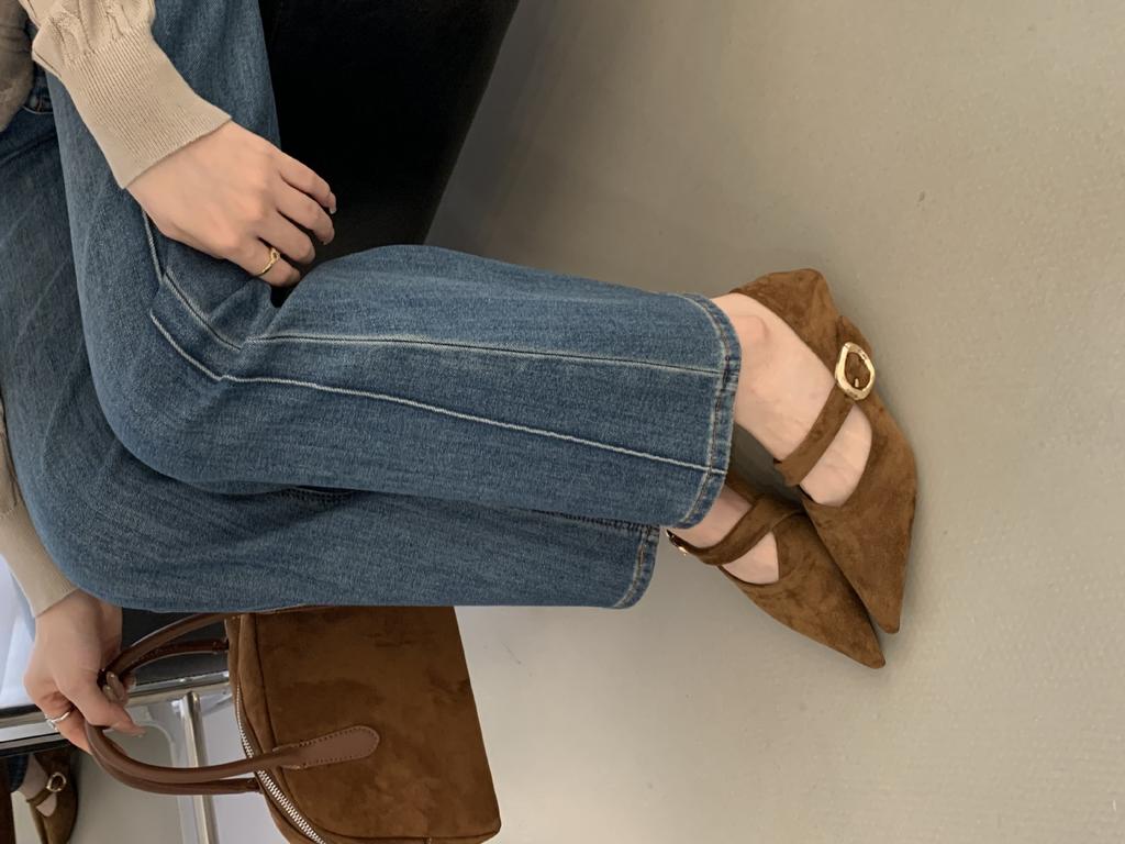 French Temperament Pointed Suede One-word Strap Single Shoes Women's Shoes 2025 Spring, Autumn and Winter Low-heeled Commuting Evening Shoes