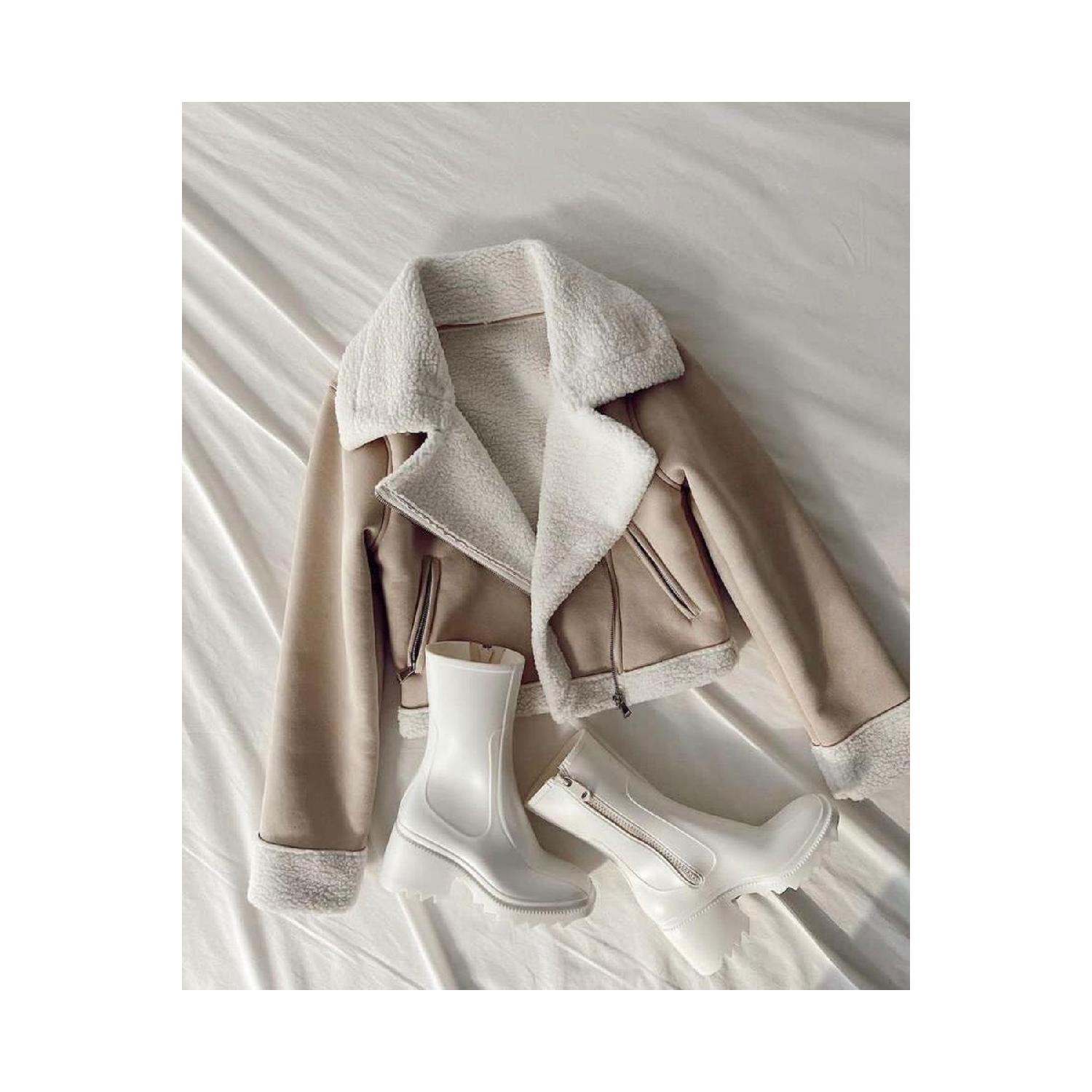 

Vintage Furry Short Crop Leather Coat Suede Coat Jacket Trench Coat S екрю