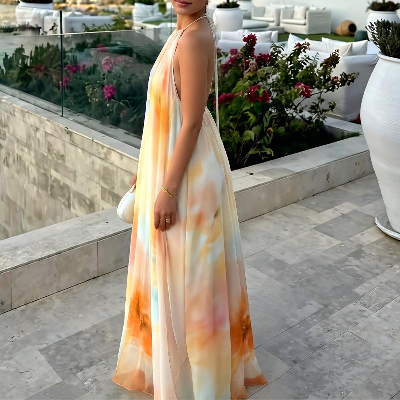 Women's Spring New, European and American Dresses, Fashion Temperament Printed Backless Dresses