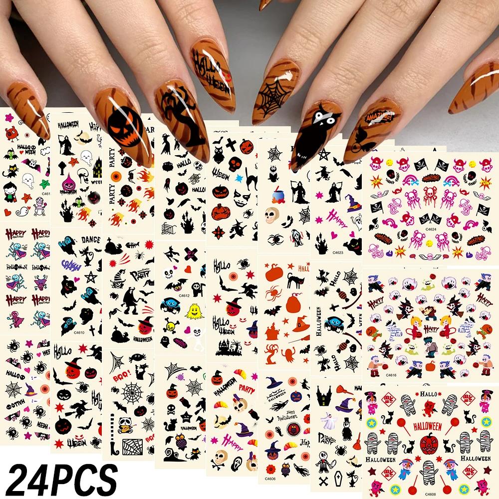 

24 листа 3D красочных наклеек для ногтей на Хэллоуин, самоклеящиеся злые тыквы/летучие мыши/пауки/совы, наклейки для ногтей Y2K, 1 ноября