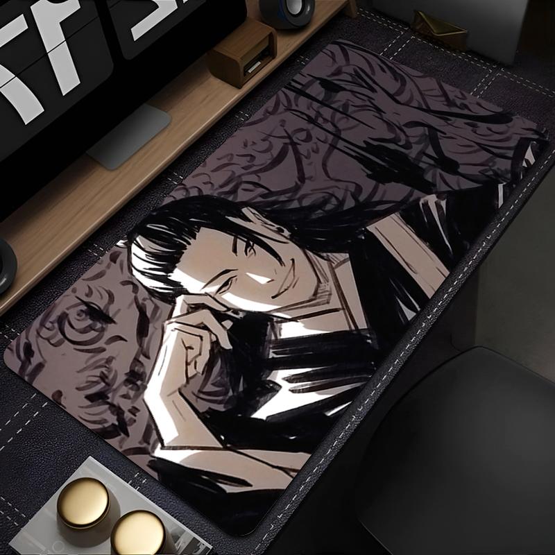 Gaming Mouse Pad Large Desk Mat Antislip Rubber Base Stitched Edges Black White Anime Guy with Monster Print for Gaming