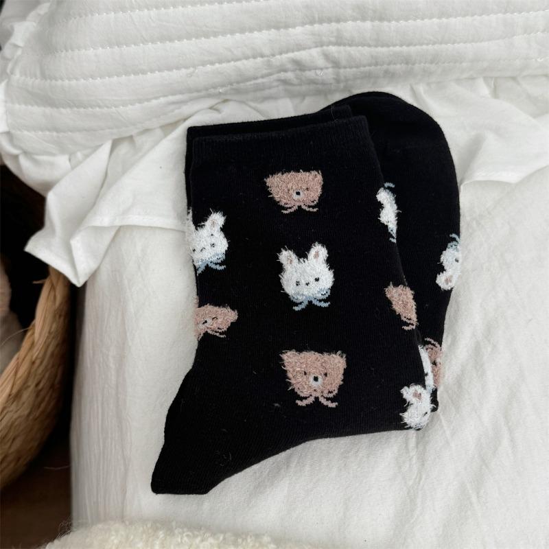 Cute Little Rabbit and Bear Mid-calf Socks, Girls' Cartoon Trendy Casual Cotton Socks, School Style Socks