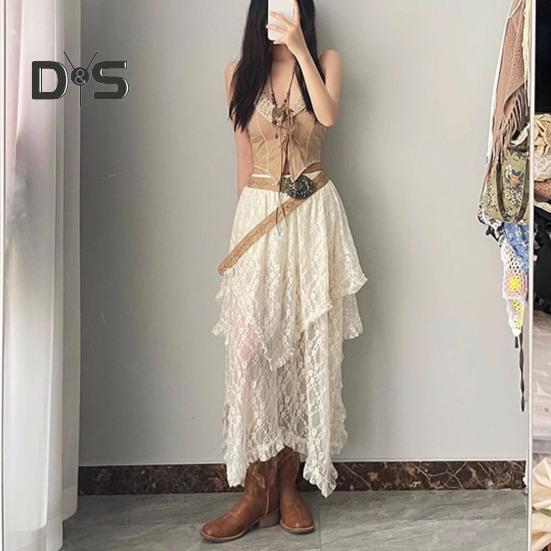 Retro sukně s elastickým vysokým pasem, krajkou a nepravidelným designem, midi sukně ve francouzském stylu, retro výšivka, krajka s květinovou výšivkou