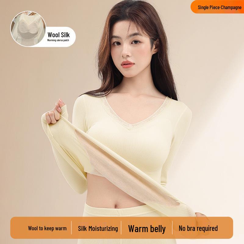 Women's Thermal Underwear Set with Padded Top, Fleece-Lined for Fall/Winter, Wool-Silk Blend