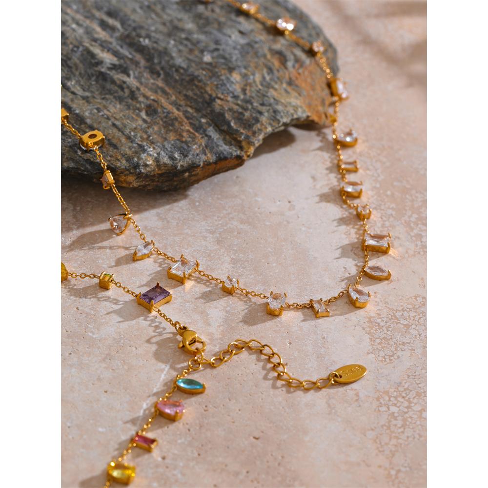 Yhpup AAA High-Grade Colorful Cubic Zirconia Chain Necklace Gift Summer Stainless Steel Delicate Fashion Y2K Jewelry Accessories