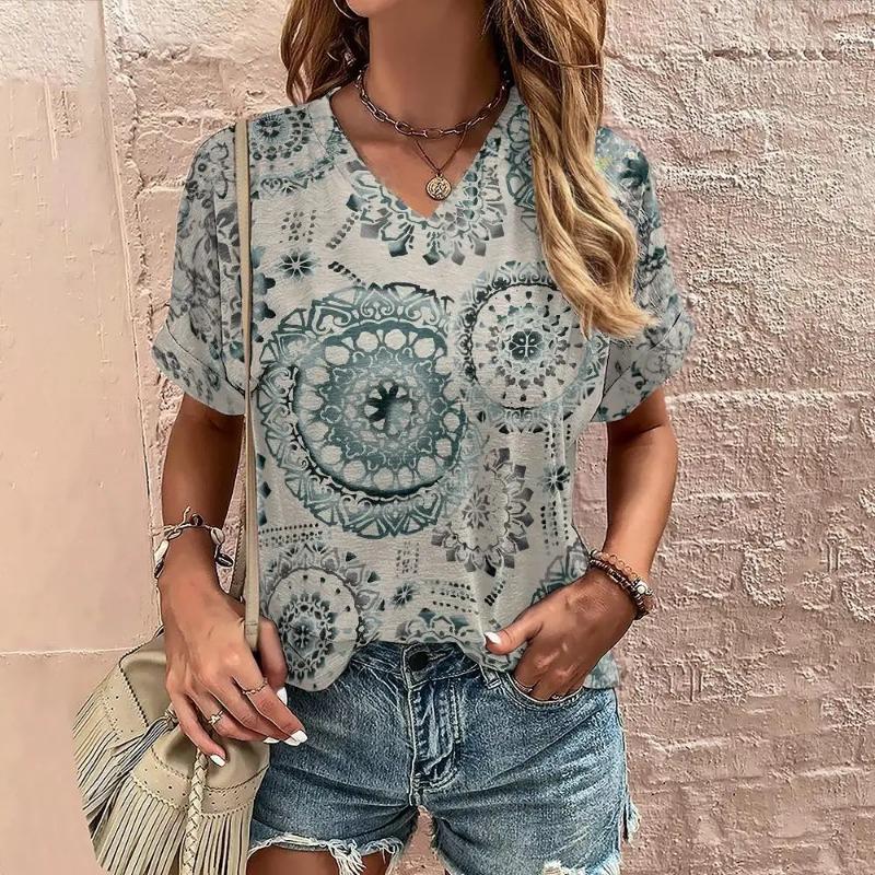 Tricou Boho Harajuku pentru damă, cu imprimeu grafic, cu mâneci scurte de vară, Topuri casual, la modă de stradă, tricou cu decolteu în V, îmbrăcăminte pentru femei, tricouri pentru femei