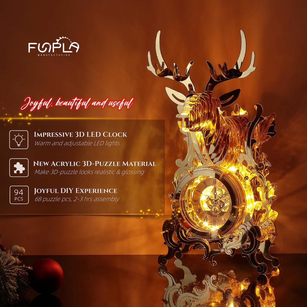 FUNPOLA 68-Piece 3D Puzzle, Acrylic, LED, Metal Puzzle, Golden Deer Clock, DIY Building Model Clock, Table Clock, Handmade for Kids and Adults, Home