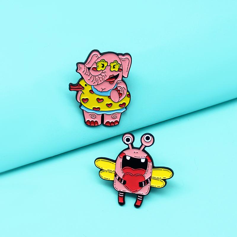 Cartoon Elephant & Toothless Friend Swimming Alloy Brooch