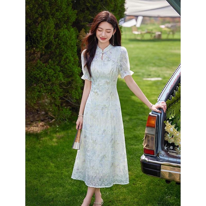 New Chinese Style Embroidered Stand Collar A-line Dress