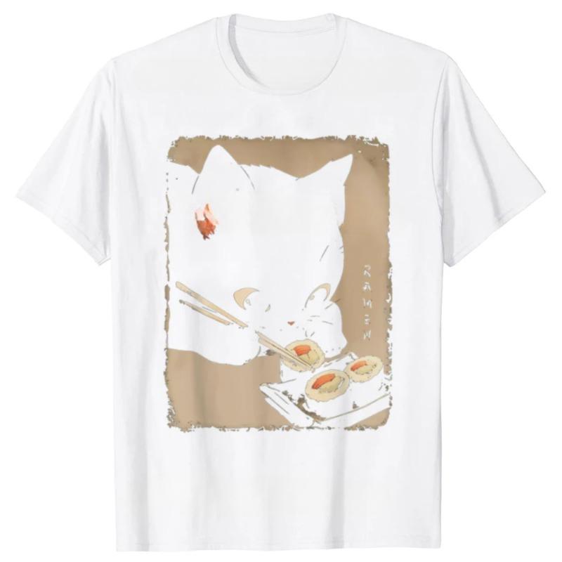 Kawaii Cat Eating Sushi Funny Japanese Anime Cute Graphic T-shirts Men Fashion Casual Tshirt 100% Cotton Loose Oversized T-Shirts Women’s