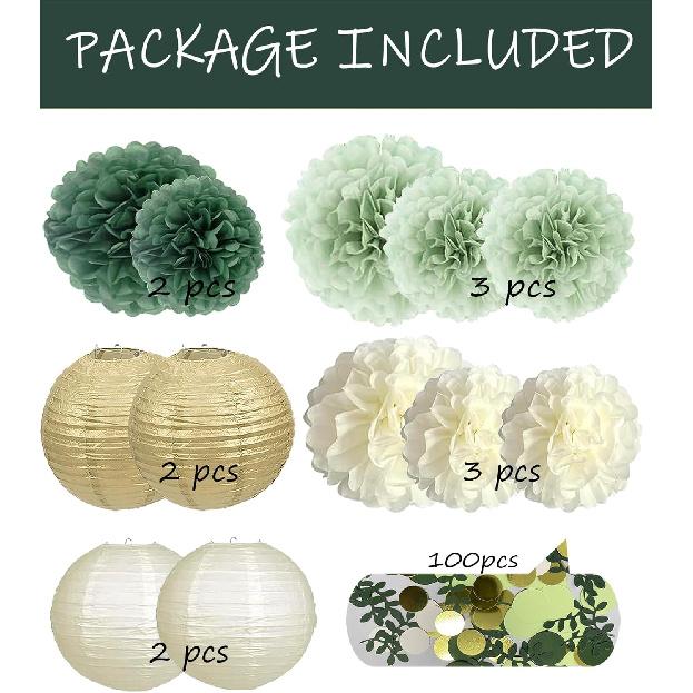 Mint Sage Green Party Decorations - Hanging Decors for Baby Bridal Wedding Shower Birthday Background with Paper Lanterns and Tissue Pom poms Gold